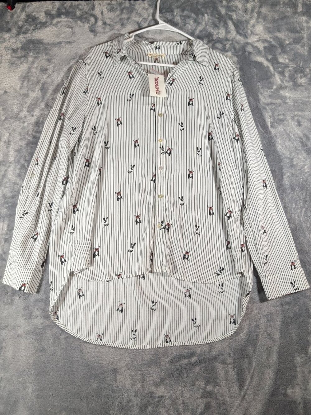 Frenchie Dog Red Glasses Jane & Delancey Striped High Low Rayon Tunic Blouse NWT